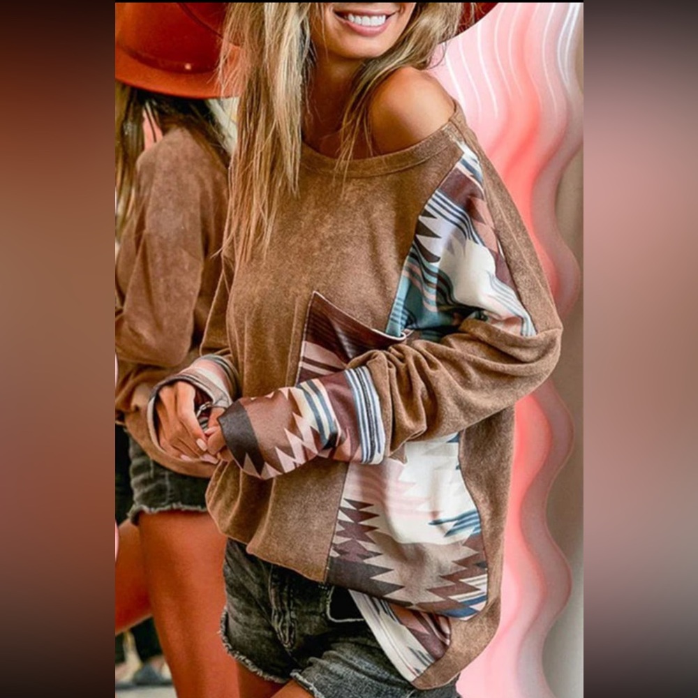 🌵Soft Brown Suedette Aztec Print Front Pocket Long Sleeve Top - Picture 2 of 13